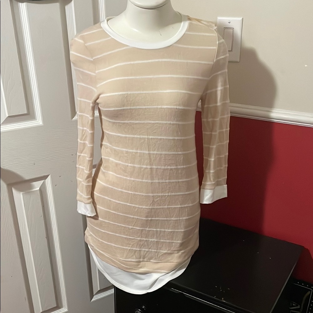 🎉Elegant Cream Striped Dress 12pm by Mon Ami!